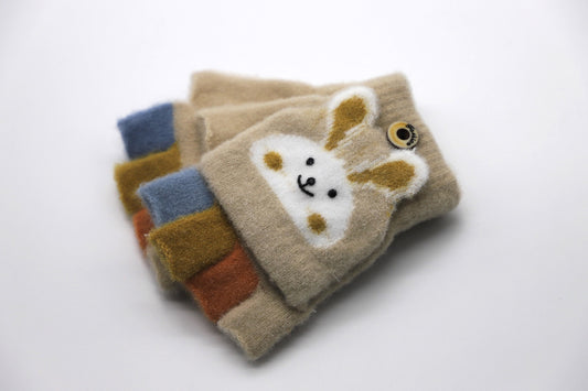 Warm Flip Gloves for Kids with Cat - Sand Beige - Scarf Designers