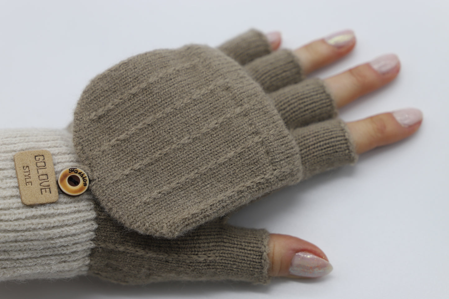 Warm Flip-Top Gloves for Women from Wool Blend - Mocha Beige - Scarf Designers