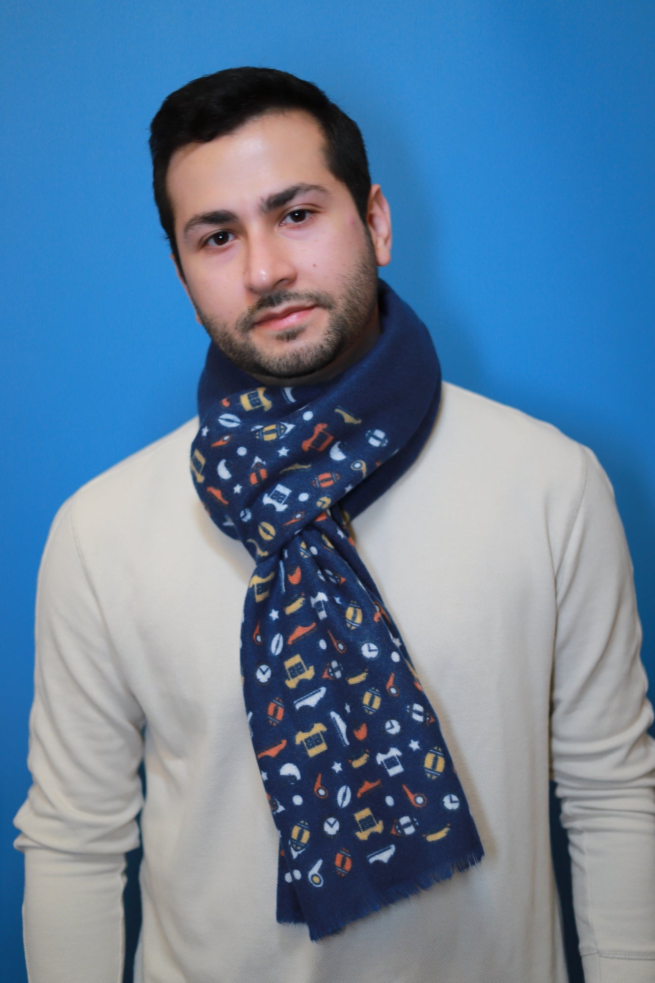 Soft Cotton Scarf for Men with Rugby Print - Navy Blue - Scarf Designers