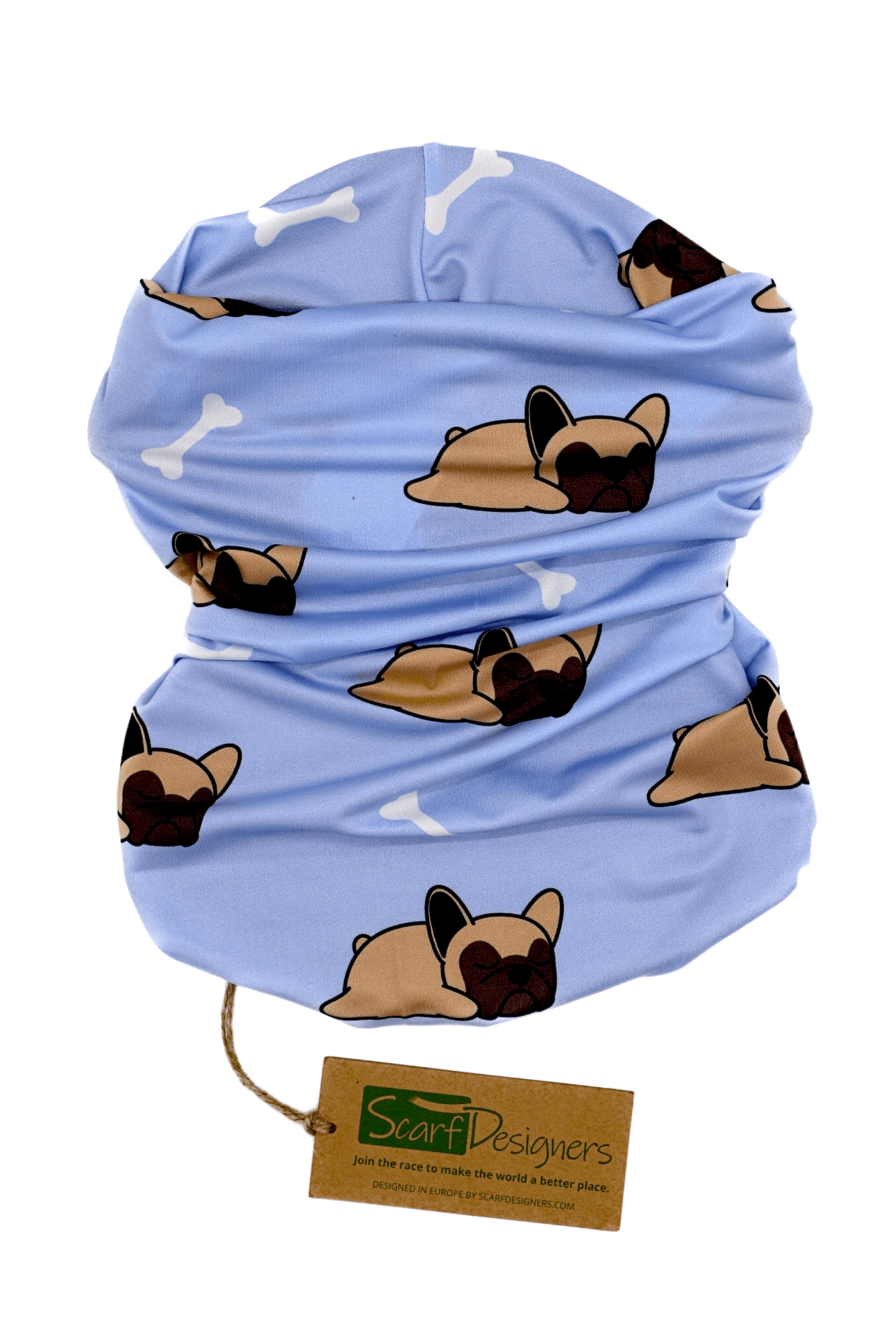 Bandana from recycled polyester with French Bulldog pattern in blue - Scarf Designers